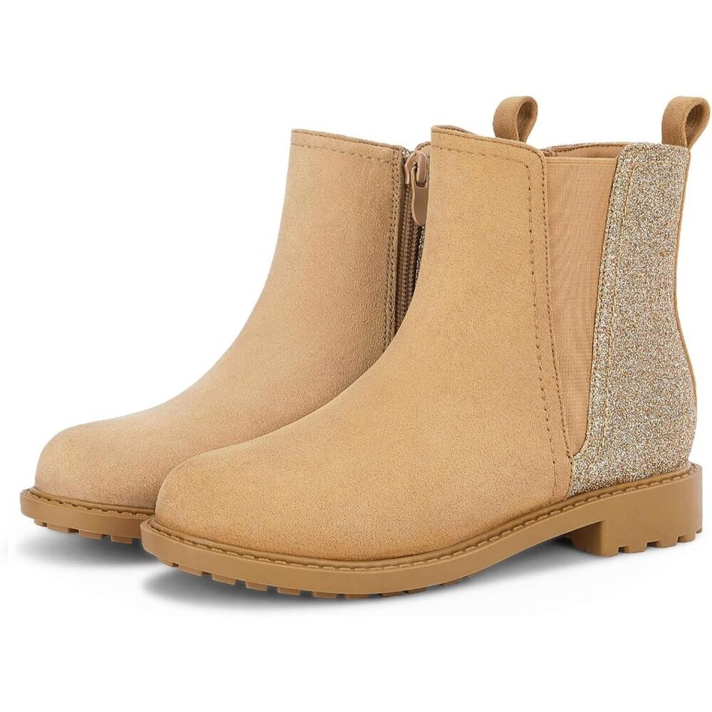 Girls Glitter Tan Ankle Boots Side Zipper Comfortable Chelsea Dress Booties
